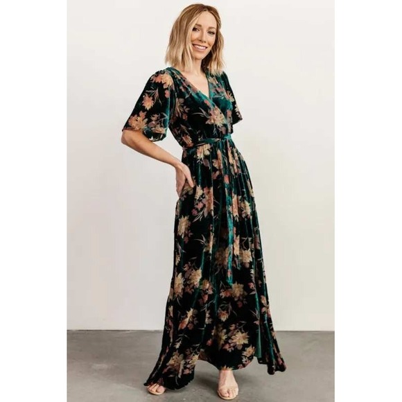 Baltic Born Dresses & Skirts - Baltic Born Lydia Teal Floral Velvet Maxi Dress Small Short Sleeve V-Neck